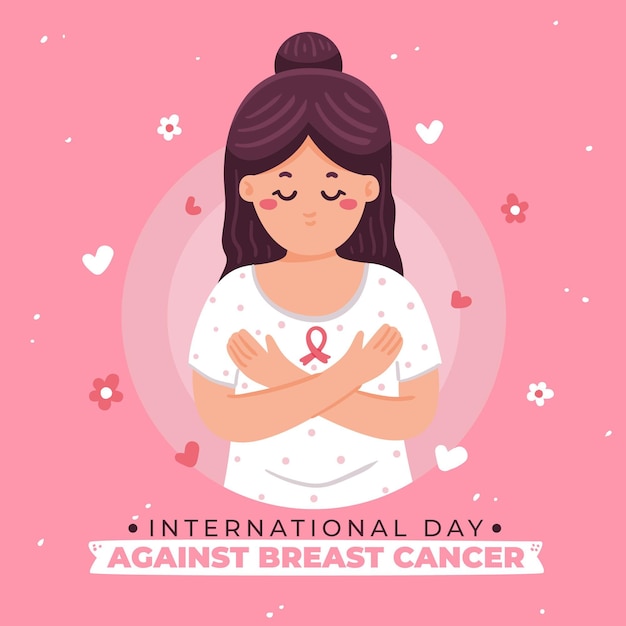 Vector día internacional plano dibujado a mano contra la ilustración del cáncer de mama