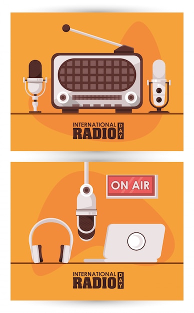 Vector día internacional de la radio con aparato retro y computadora portátil