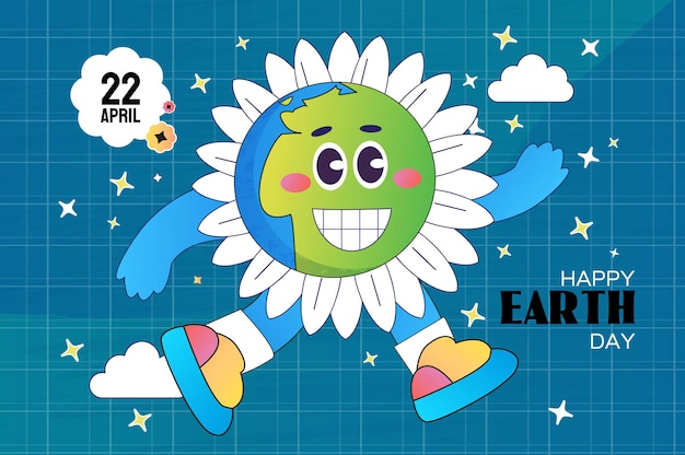 Día internacional de la tierra la flor de la tierra usa zapatillas de deporte de moda dibujos animados linda sonrisa personaje del planeta tierra día mundial del medio ambiente en estilo retro flower power planet save the earth 70s 60s planeta verde