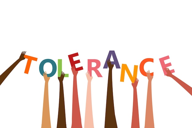 Día Internacional de la Tolerancia concepto con manos multiculturales de diferentes colores de piel