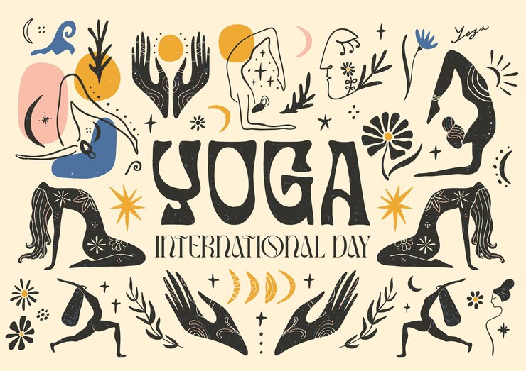 Día Internacional del Yoga Mujer en postura corporal de yoga en el fondo