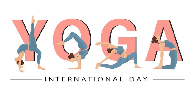 Día Internacional del Yoga Poses de yoga con letras y flores de loto Una mujer practica el yoga