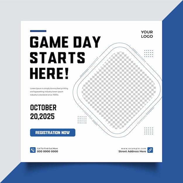 El día del juego comienza aquí Únete a nosotros para un evento emocionante Regístrate ahora Social Media Post Design