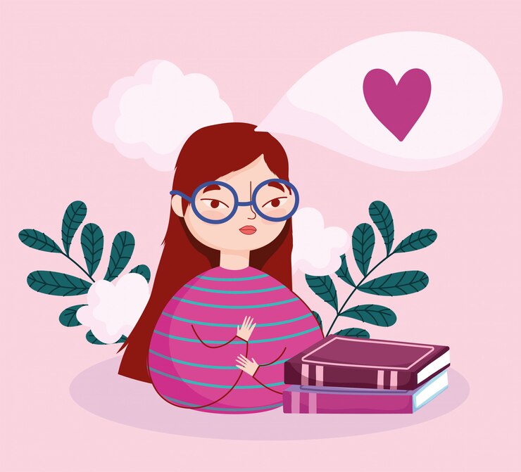 Vector día del libro, chica adolescente con gafas y libros amor