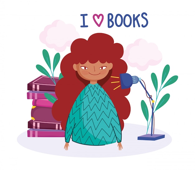 Día del libro, jovencita con lámpara y libros