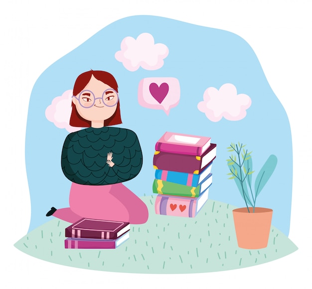 Vector día del libro, jovencita con libros y planta en maceta