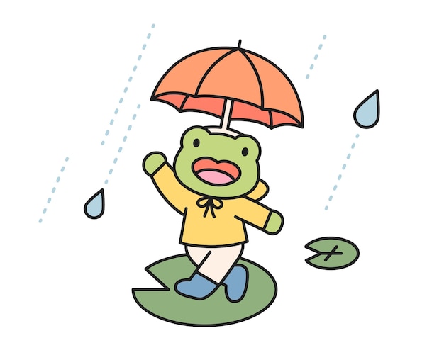 Día de lluvia Rana disfruta de la lluvia con un paraguas divertido Una ilustración linda y simple con un contorno grueso