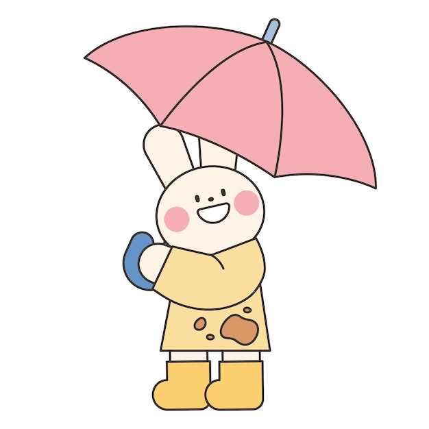 Día lluvioso Un conejo con impermeable sostiene un paraguas y sonríe Ilustración simple con contornos