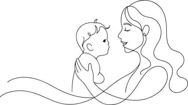 Día de la Madre arte de línea vector dibujo de línea única mujer sosteniendo a su bebé ilustración vectorial