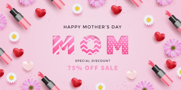 Día de la madre con corazones rojos realistas, flores, lápices labiales y letra de mamá con patrón en superficie rosa.
