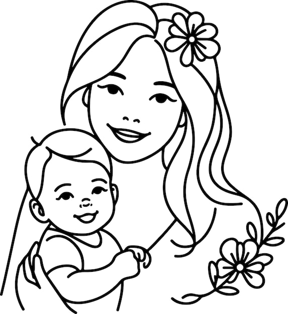 El día de la madre lineart vectorial dibujo de una sola línea mujer sosteniendo a su bebé ilustración vectorial