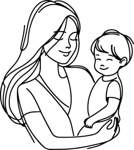 El día de la madre lineart vectorial dibujo de una sola línea mujer sosteniendo a su bebé ilustración vectorial