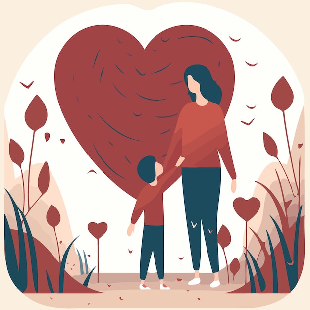 Día de la madre mujer con hijo y corazones.