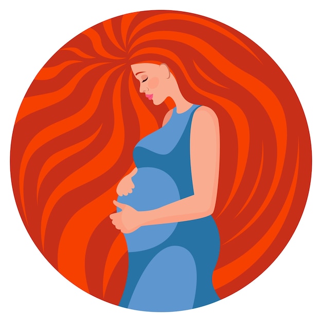 Día de la Madre. Niña embarazada estilizada con un vestido dibujado en círculo. Mujer abraza su vientre