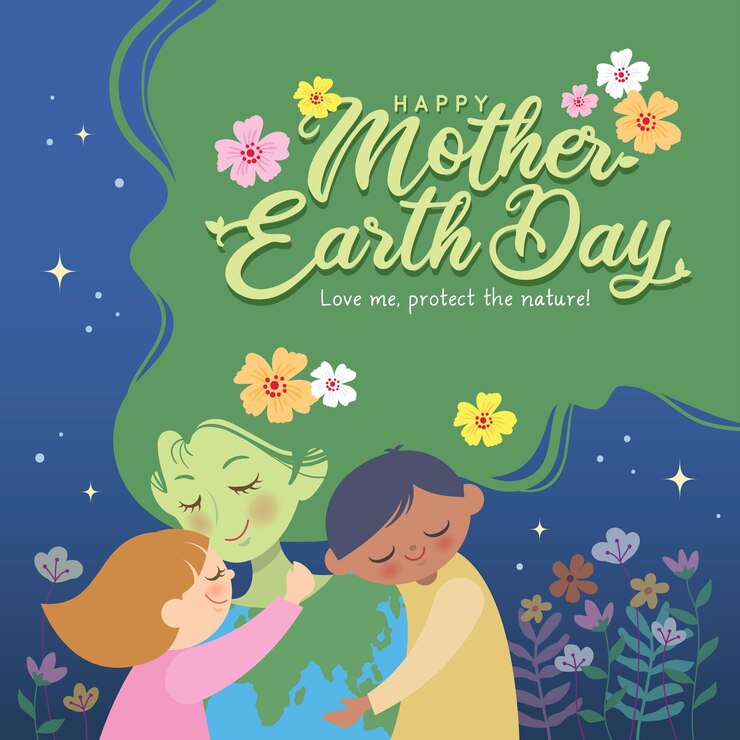 Día de la Madre Tierra Niña y niño de dibujos animados con flores de la madre tierra sobre fondo estrellado