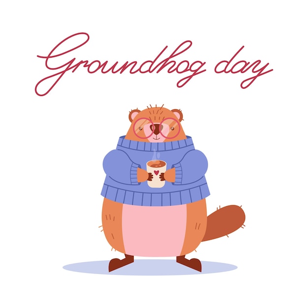 Vector día de la marmota una marmota en un suéter da la bienvenida a la primavera con una taza de té ilustración vectorial