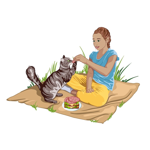 Día de las mascotas, día del niño, niña alimentando a un gato en un picnic. ilustración vectorial