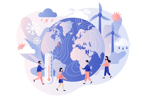 Día Meteorológico Mundial Personas diminutas meteorólogos que estudian e investigan el tiempo y el clima