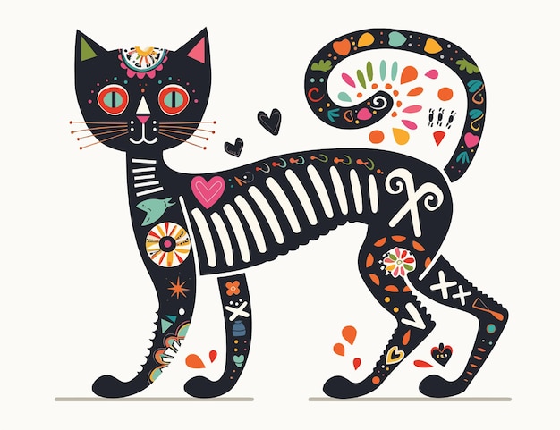 Día mexicano de los muertos diseño de gato colorido