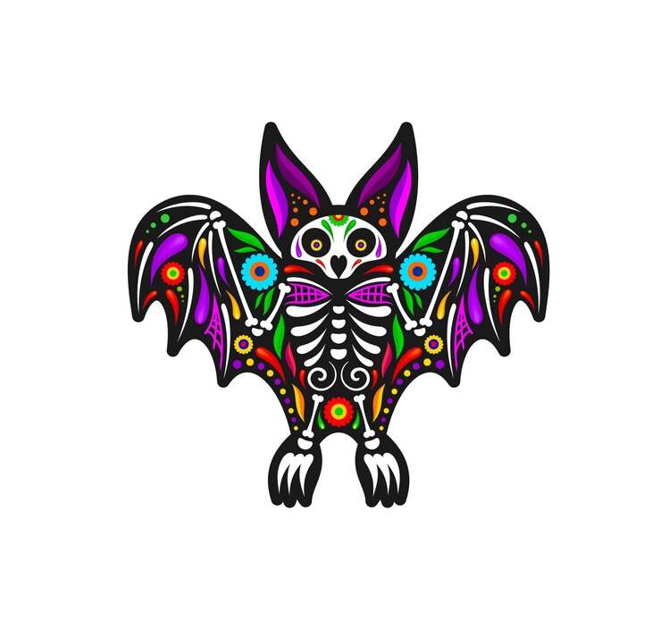 Vector día mexicano del murciélago muerto con tatuaje de cráneo