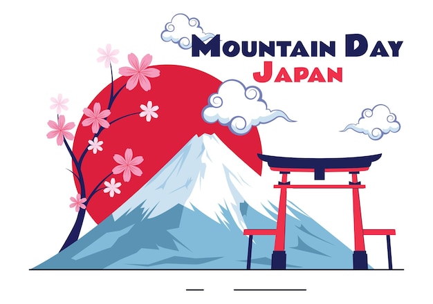 Día de la Montaña en Japón Ilustración vectorial el 11 de agosto Celebración con el Monte Fuji y las flores Sakura en un fondo de dibujos animados de estilo plano