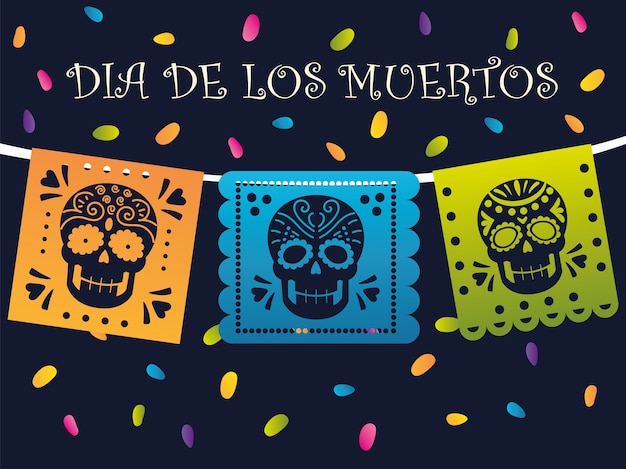 Día de muertos, banderines mexicanos con calaveras y celebración de confeti