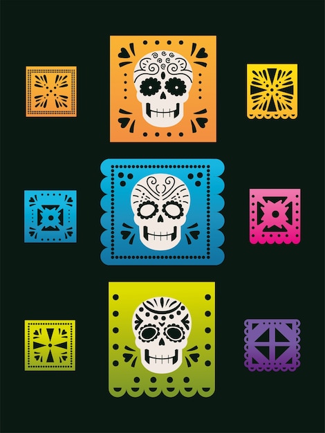 Vector día de muertos, banderines mexicanos con calaveras y celebración de flores.