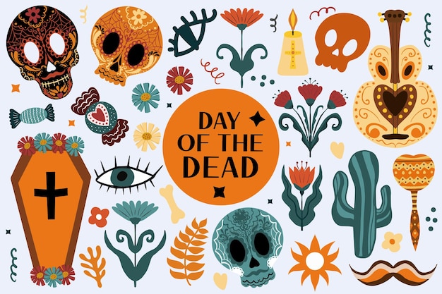 Vector día de los muertos boho set. bohemian dia de los muertos collection clip art estilo de dibujo a mano. fiesta mexicana de halloween con calaveras de azúcar. ilustración vectorial.