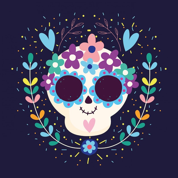 Día de los muertos, calavera corazones flores florecen tradicional celebración mexicana