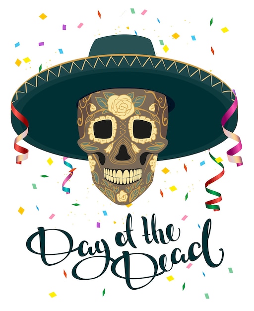 Dia de los muertos. calavera con sombrero mexicano. dia de muertos. ilustración en formato