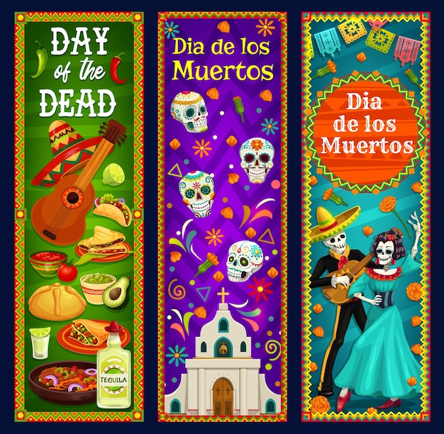 Día de los muertos calaveras de azúcar, esqueleto y pancartas de Catrina. Sombrero mexicano Dia de los Muertos, guitarra y flores de caléndula, festival musical de mariachi y Calavera, iglesia, pan y tequila