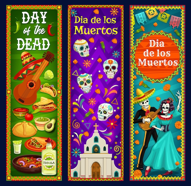 Día de los muertos calaveras de azúcar, esqueleto y pancartas de Catrina. Sombrero mexicano Dia de los Muertos, guitarra y flores de caléndula, festival musical de mariachi y Calavera, iglesia, pan y tequila