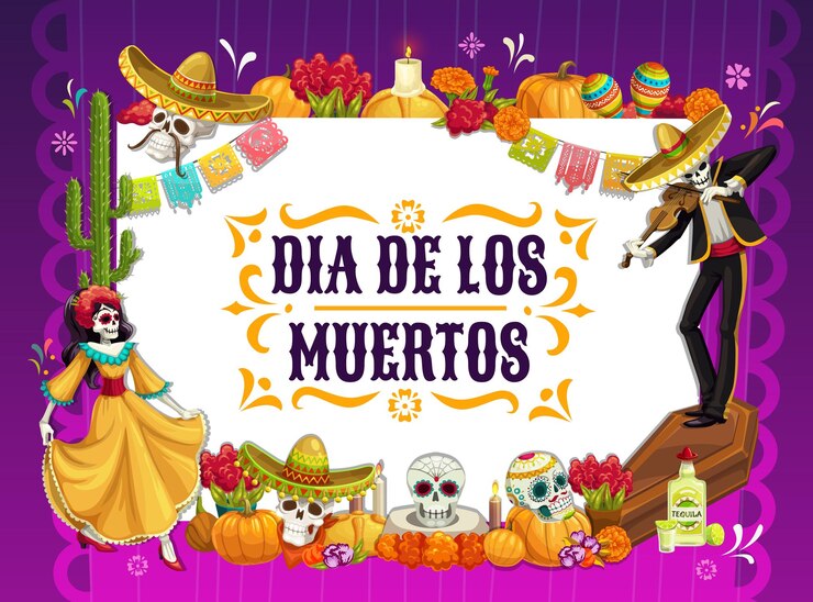 Vector día de los muertos calaveras bailando altar esqueleto