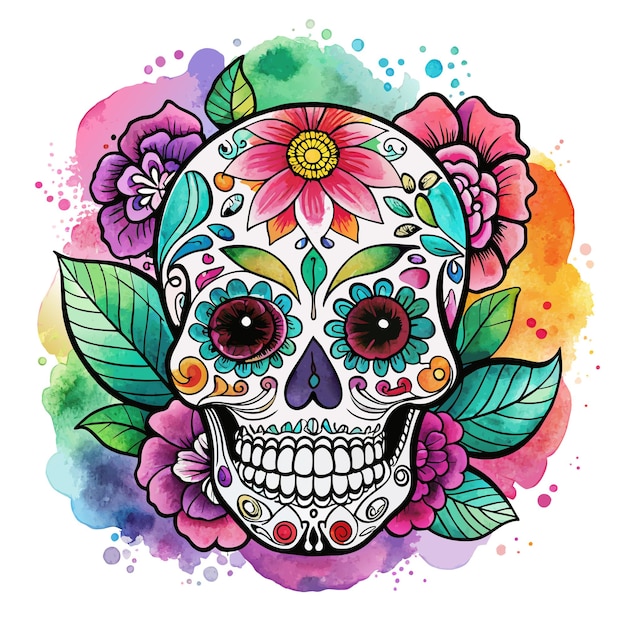 Día de los muertos cráneo colorido con flores y hojas que lo rodean