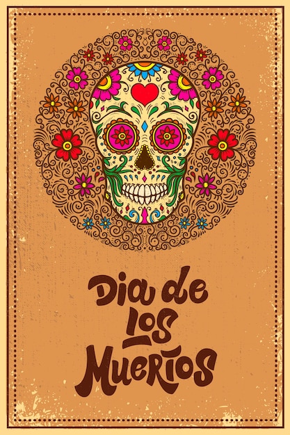 Vector dia de los muertos (dia de los muertos). calavera de azúcar mexicana sobre fondo grunge. elemento de diseño de cartel, logotipo, etiqueta, letrero, tarjeta, banner. ilustración vectorial