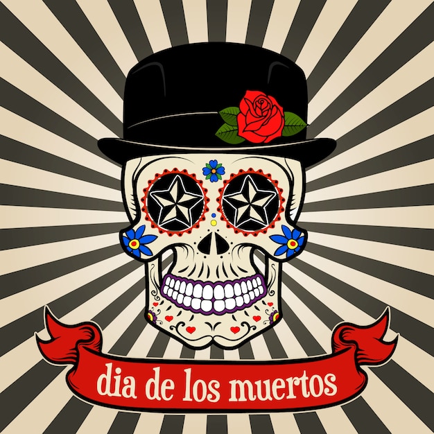 Dia de los muertos. dia de los muertos. calavera de azúcar sobre fondo vintage con banner.