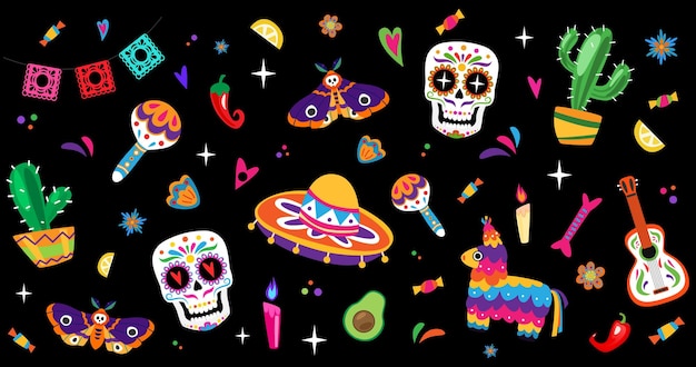 Dia de los muertos - día de los muertos con calaveras, piñata, polilla y sombrero.