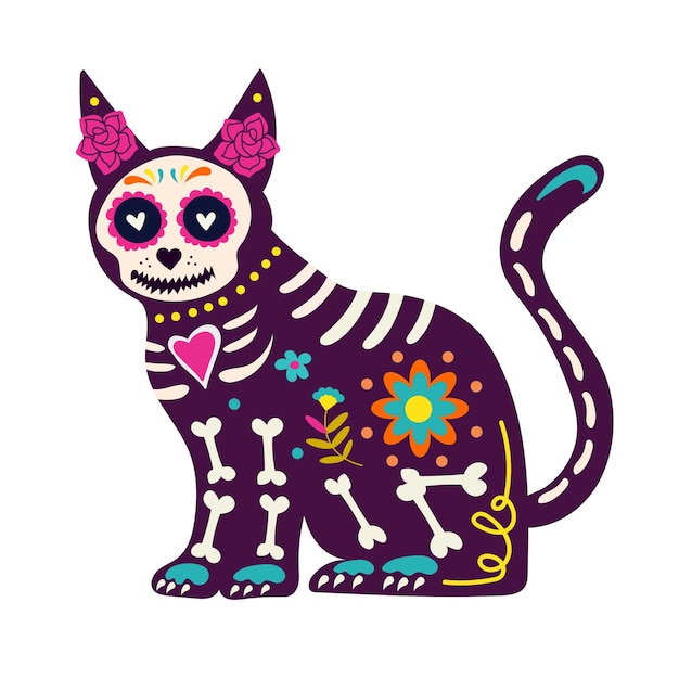 Día de los muertos dia de los muertos cráneo y esqueleto de gato decorados con coloridos elementos mexicanos