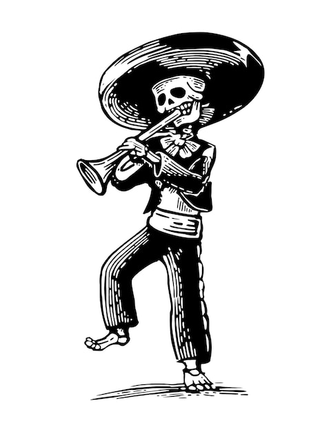 Día de los Muertos Dia de los Muertos El esqueleto en los trajes nacionales mexicanos baila y toca la trompeta Vector grabado vintage dibujado a mano para la etiqueta del cartel Aislado sobre fondo blanco