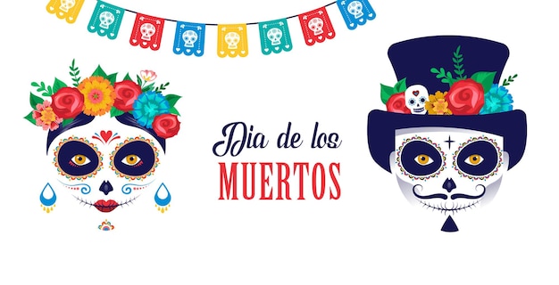 Dia de los muertos dia de los muertos festival festivo mexicano cartel banner y tarjeta con maquillaje de