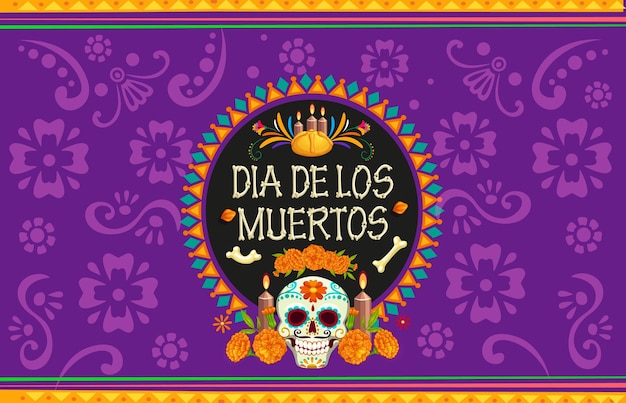 Vector día de los muertos dia de los muertos pancarta navideña mexicana con calavera vectorial y caléndulas méxico ofrendas de altar de halloween en marco de patrón étnico calavera de azúcar de dibujos animados flores velas y pan