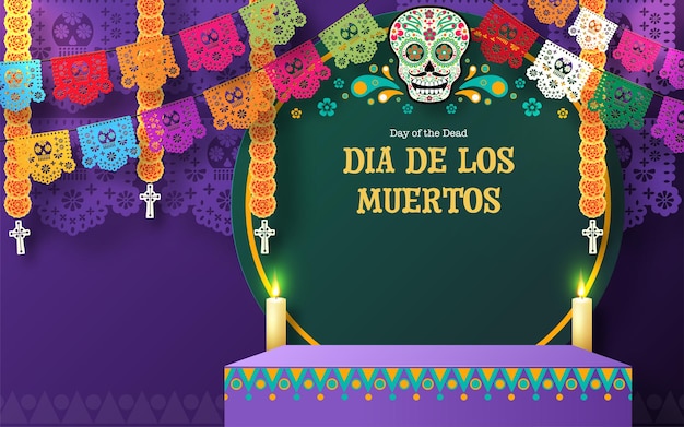 Dia de los muertos dia de los muertos podio 3d escenario cuadrado redondo con corte de papel