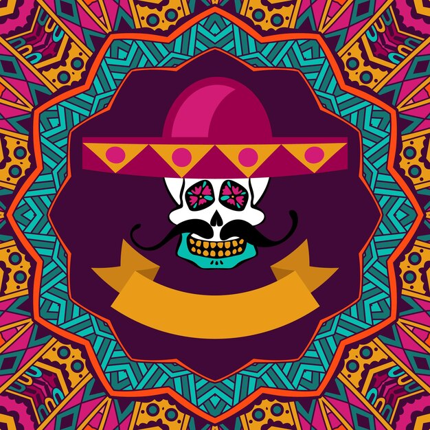 Dia de los muertos doodle sugar scull con bigote y sombrero vector