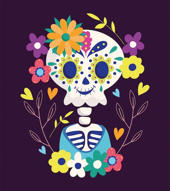 Día de los muertos, esqueleto de flores festivo tradicional celebración mexicana