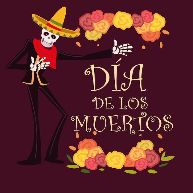 Vector día de muertos, esqueleto con traje de mariachi y sombrero decoración de flores, celebración mexicana
