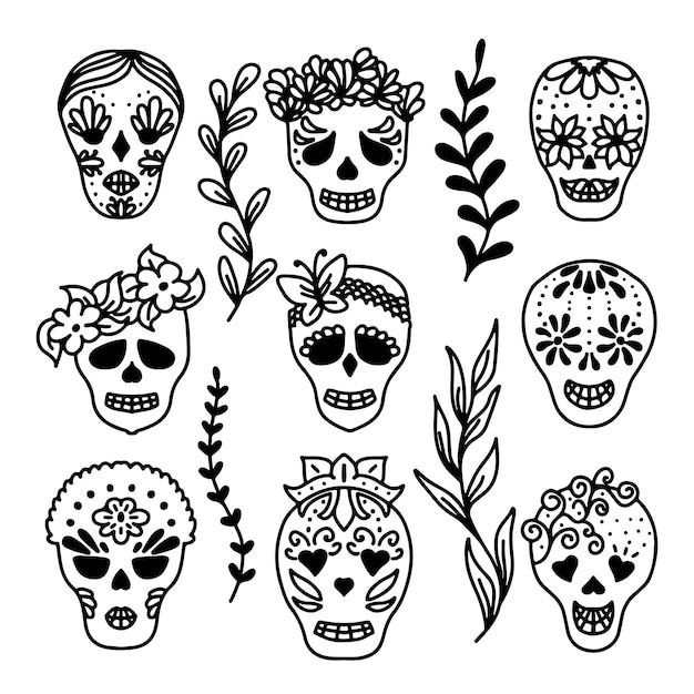 Dia de los muertos en estilo garabato dibujado a mano Fiesta mexicana Ilustración vectorial