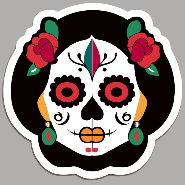 Vector día de los muertos halloween dia de los muertos cráneo de azúcar dibujado a mano adhesivo de dibujos animados plano y elegante