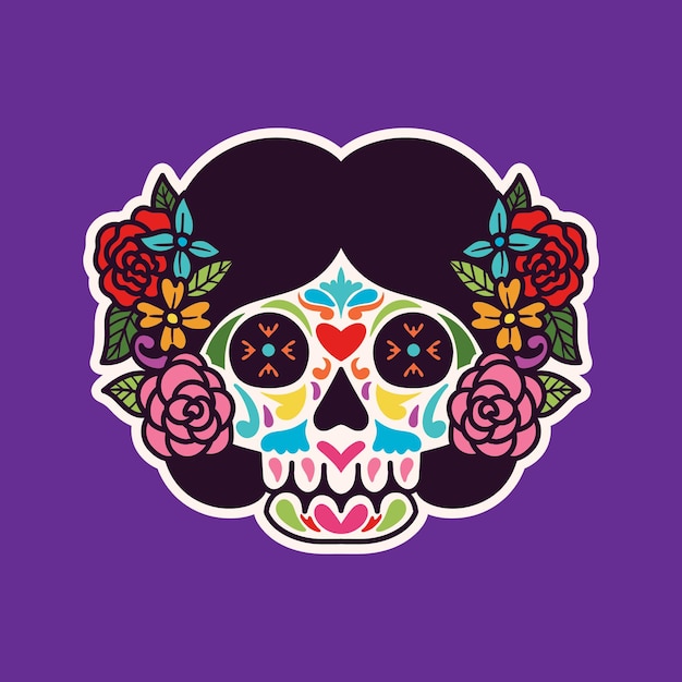 Vector día de muertos, hermosa cabeza de calavera de flores.