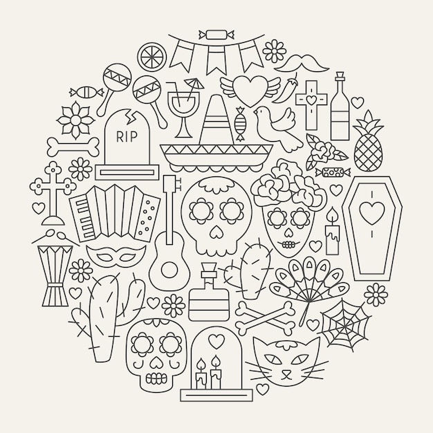 Dia de los muertos line icons circle. ilustración de vector de objetos de esquema de vacaciones.