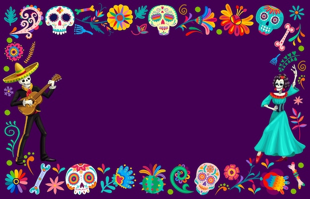 Vector dia de los muertos marco de vacaciones mexicano con flores y azúcar calavera cráneo vectorial fondo esqueleto de mariachi en sombrero con guitarra y baile catrina en el día mexicano de los muertos en marco floral